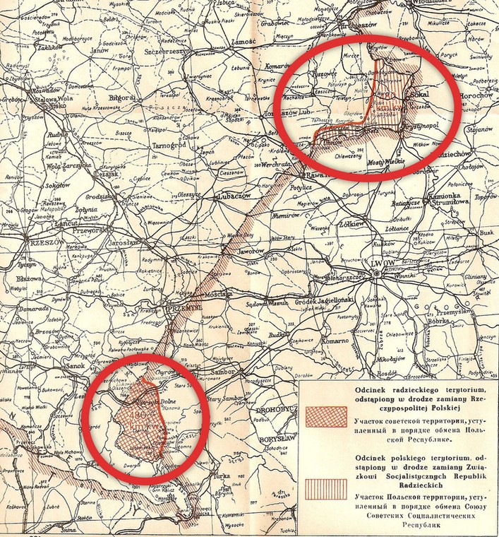 Fragment oficjalnego załącznika do „Umowy pomiędzy Rzecząpospolitą Polską a Związkiem Socjalistycznych Republik Radzieckich o zamianie terytoriów państwowych” z 1951 roku. Zaznaczenie WielkaHistoria.pl