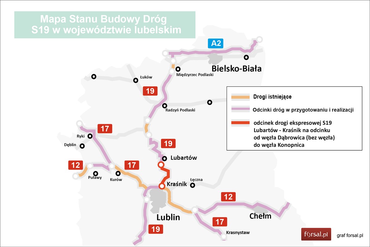 Mapa stanu budowy dróg w woj. Lubelskim