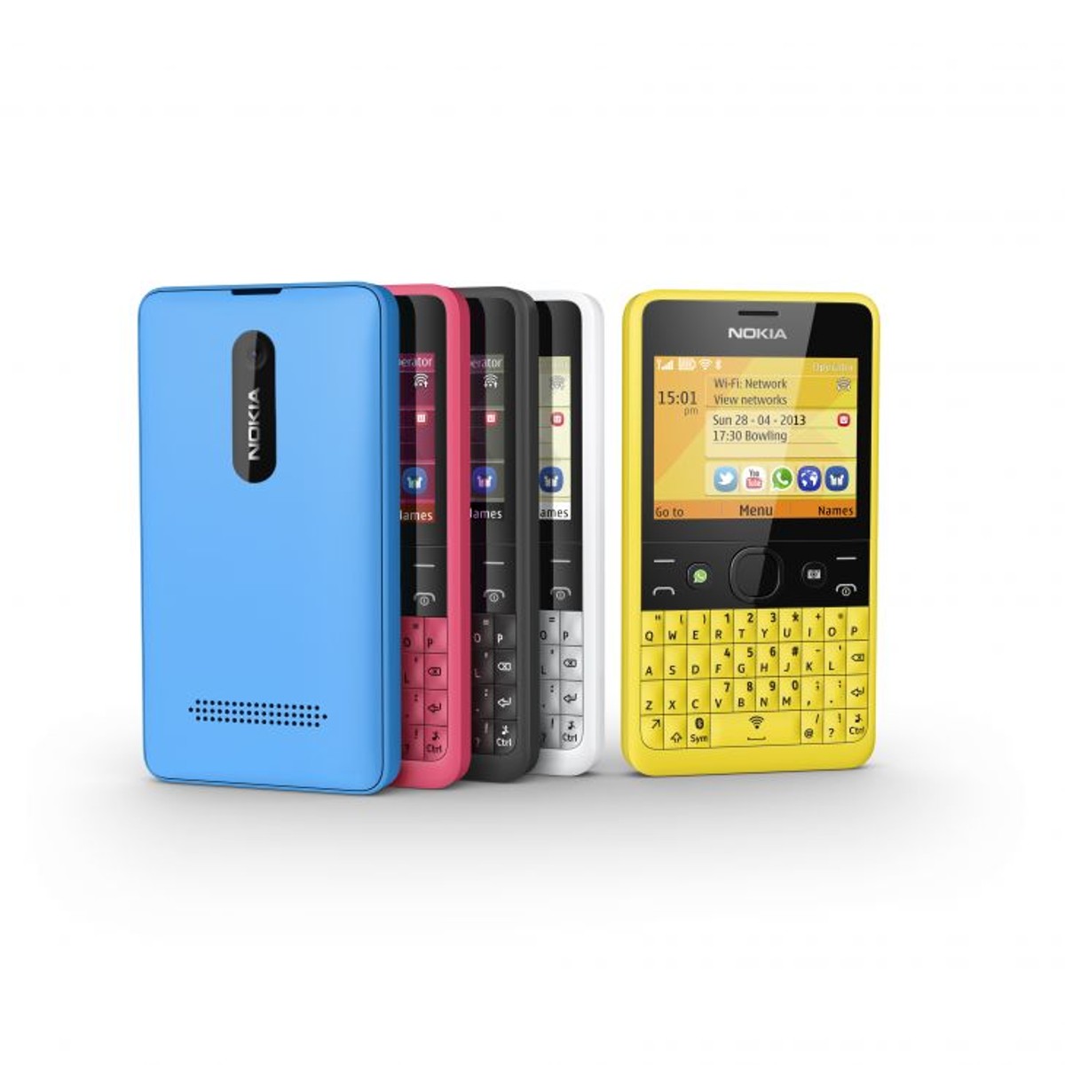 Nokia Asha 210 Ekran: TFTm 2,4 cala Pamięć: 10 MB pamięci flash +Slot na kartę microSDHC (do 32 GB) Aparat: 2mpx Komunikacja: Bluetooth 2.0+EDR, GPRS, EDGE Wymiary: 111,5 x 60 x 11,8 milimetra Waga: 99,5 grama (z akumulatorem) Dodatki: przycisk WhatsApp i Nokia Slam