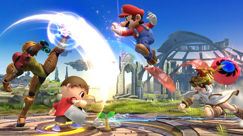 Super Smash Bros. to prawdziwy raj dla fanów Nintendo. Na obrazku toczą walkę bohaterowie serii gier Metroid, Animal Crossing, Super Mario i Kid Icarus