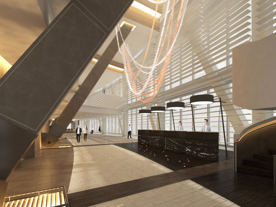 This projected interior look showcases the tower's streamlined, contemporary style, taking advantage of the California light. Most rooms will have floor-to-ceiling glass windows.