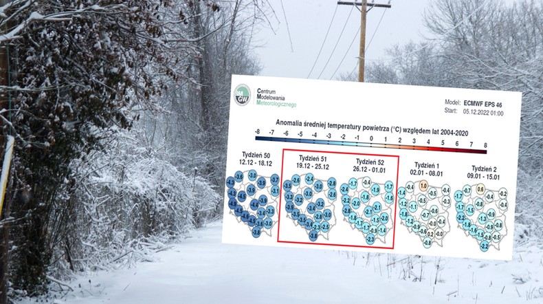 Mamy pierwsze prognozy pogody na święta. Czy dopadnie nas tradycyjna odwilż bożonarodzeniowa? (mapa: IMGW-PIB)