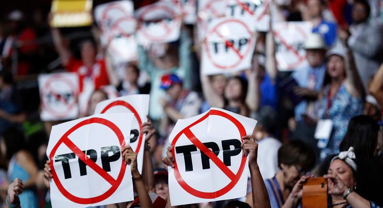 Delegates protesting against the Trans-Pacific Partnership at the 2016 Democratic National Convention.