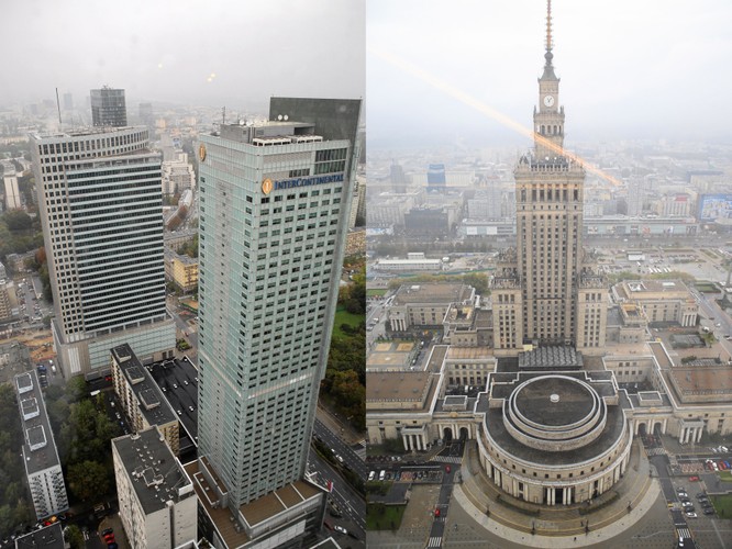 Geometria budynku została wzbogacona o zewnętrzne oświetlenie. Na zdjęciu: Złota 44, widok z apartamentowca Libenskinda (2)