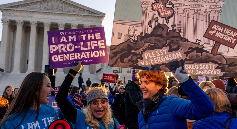 Anti-abortion protesters wear shirts that read I am the Pro-Life Generation as they demonstrate in front of the U.S. Supreme Court, Wednesday, Dec. 1, 2021.