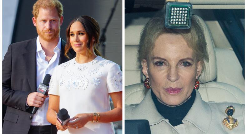 Prince Harry and Meghan photographed at Global Citizen Live: New York on September 25, 2021, and Princess Michael of Kent photographed before a Christmas lunch with the royal family in 2017.Gotham/WireImage/Getty Images, Mark Cuthbert/UK Press via Getty Images