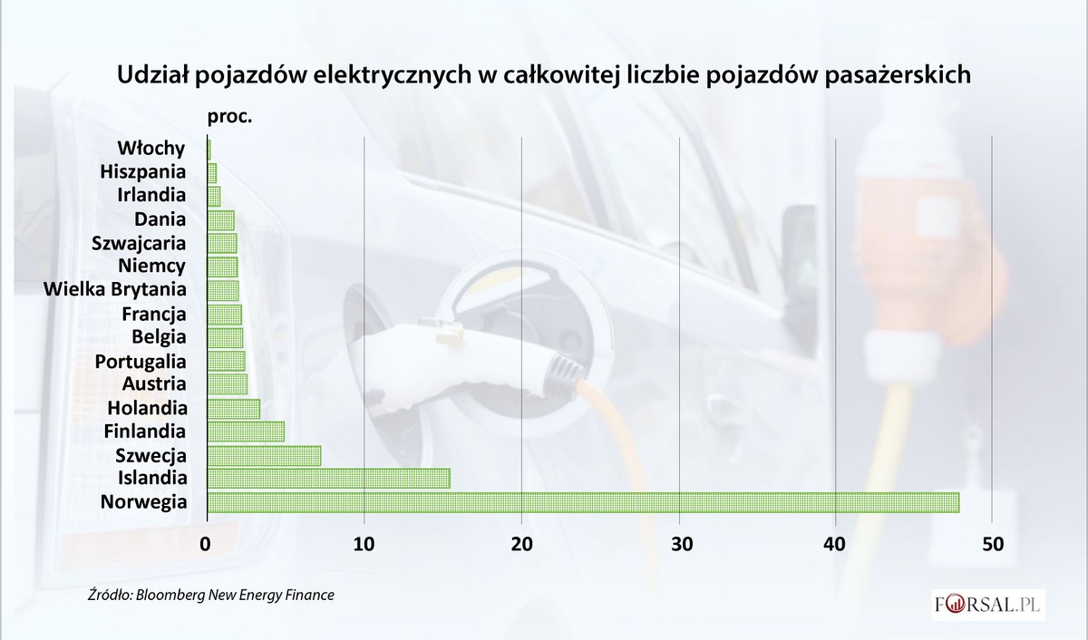 Udział pojazdów elektrycznych w całkowitej liczbie samochodów osobowych