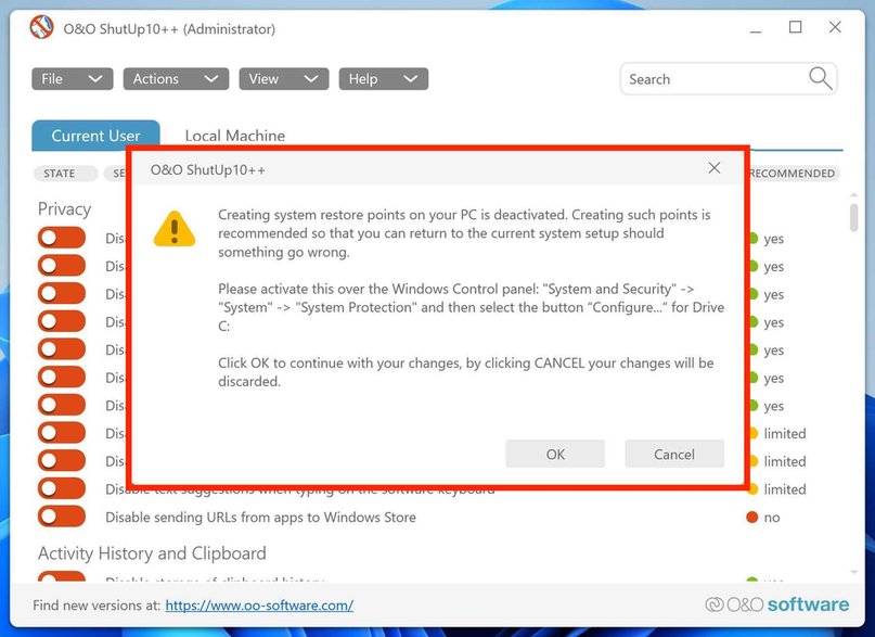O&O ShutUp10++: Aktywuj punkty przywracania systemu Windows