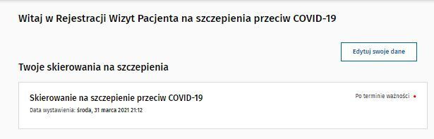 Przeterminowane e-skerowanie na szczepienie przeciwko COVID-19