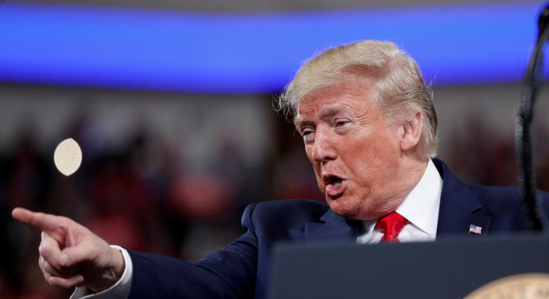 FILE PHOTO: U.S. President Donald Trump delivers remarks during a campaign rally at the Giant Center in Hershey, Pennsylvania, U.S., December 10, 2019.  REUTERS/Tom Brenner