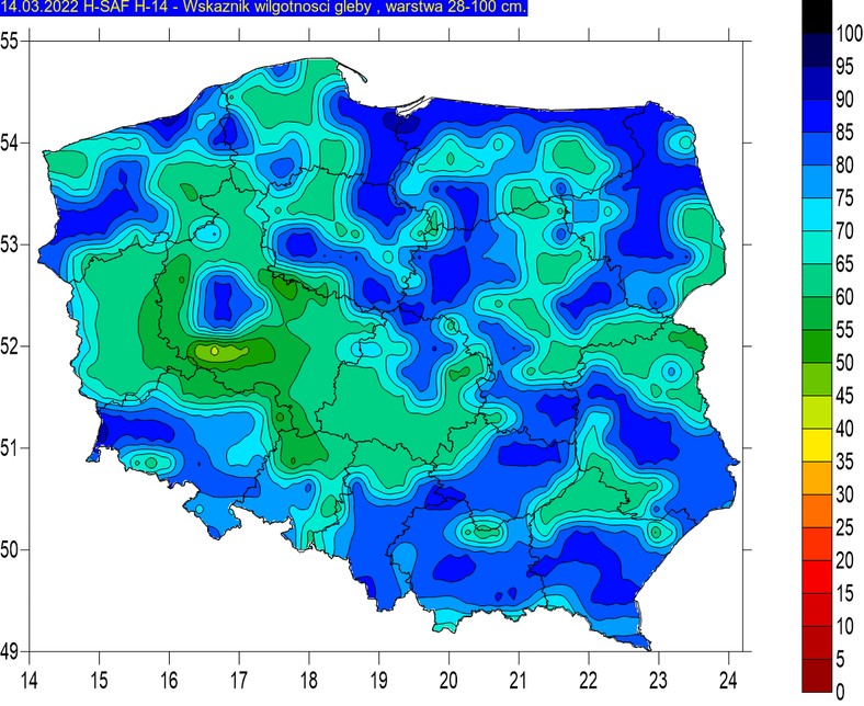 Wilgotność gleby 14 marca (poziom 28-100 cm)