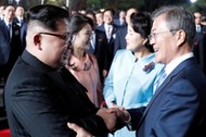 South Korean President Moon Jae-in, North Korean leader Kim Jong Un, Kim's wife Ri Sol Ju and Moon's