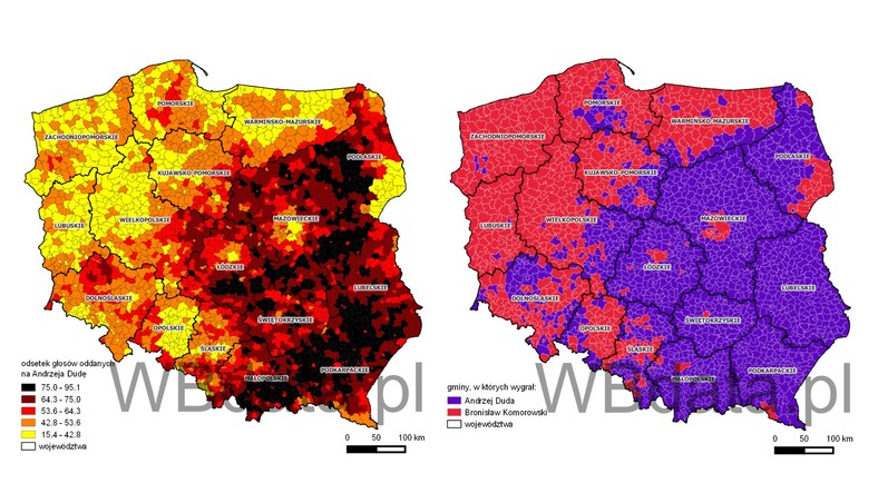 Mapy poparcia dla Andrzeja Dudy w II turze wyborów prezydenckich 2015