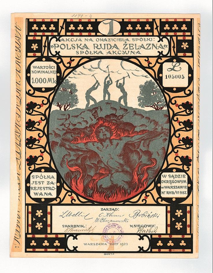 Polska Ruda Żelazna S.A. Papiery wartościowe były często projektowane przez wybitnych grafików okresu międzywojennego, m.in. Józefa Mehoffera, który zaprojektował akcje Polskiej Rudy Żelaznej S.A.