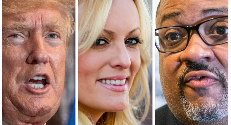 Former President Donald Trump, left. Adult film star Stormy Daniels, center. Manhattan District Attorney Alvin Bragg, right.Alex Brandon/AP, left. Markus Schreiber/AP, center. Eduardo Munoz Alvarez/AP, right.