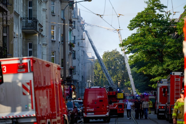 Scene of fire and explosion in Poznan at night