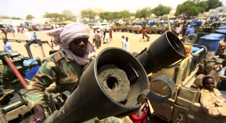 Vehicles and weapons of the Justice and Equality Movement (JEM) rebels are seen on display,  after victory celebrations by the Sudanese Armed Forces (SAF) and the Rapid Support Forces (RSF), in Niyala Capital of South Darfur, May 4, 2015. REUTERS/Stringer