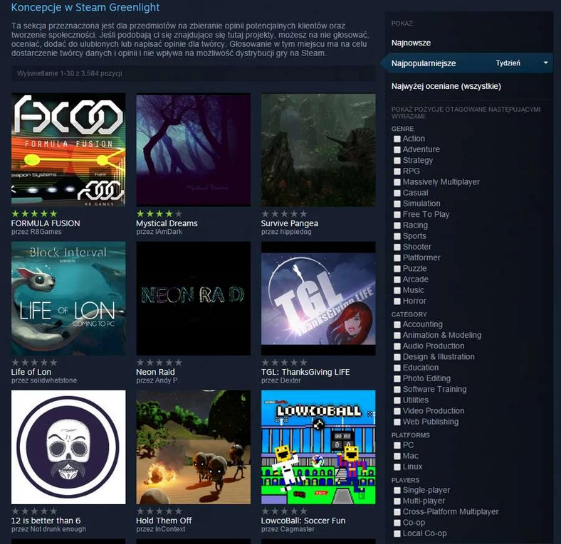 Steamowy system głosowania obejmuje nawet same koncepcje gier. Pozwala to twórcom oszacować potencjalne zainteresowanie klientów