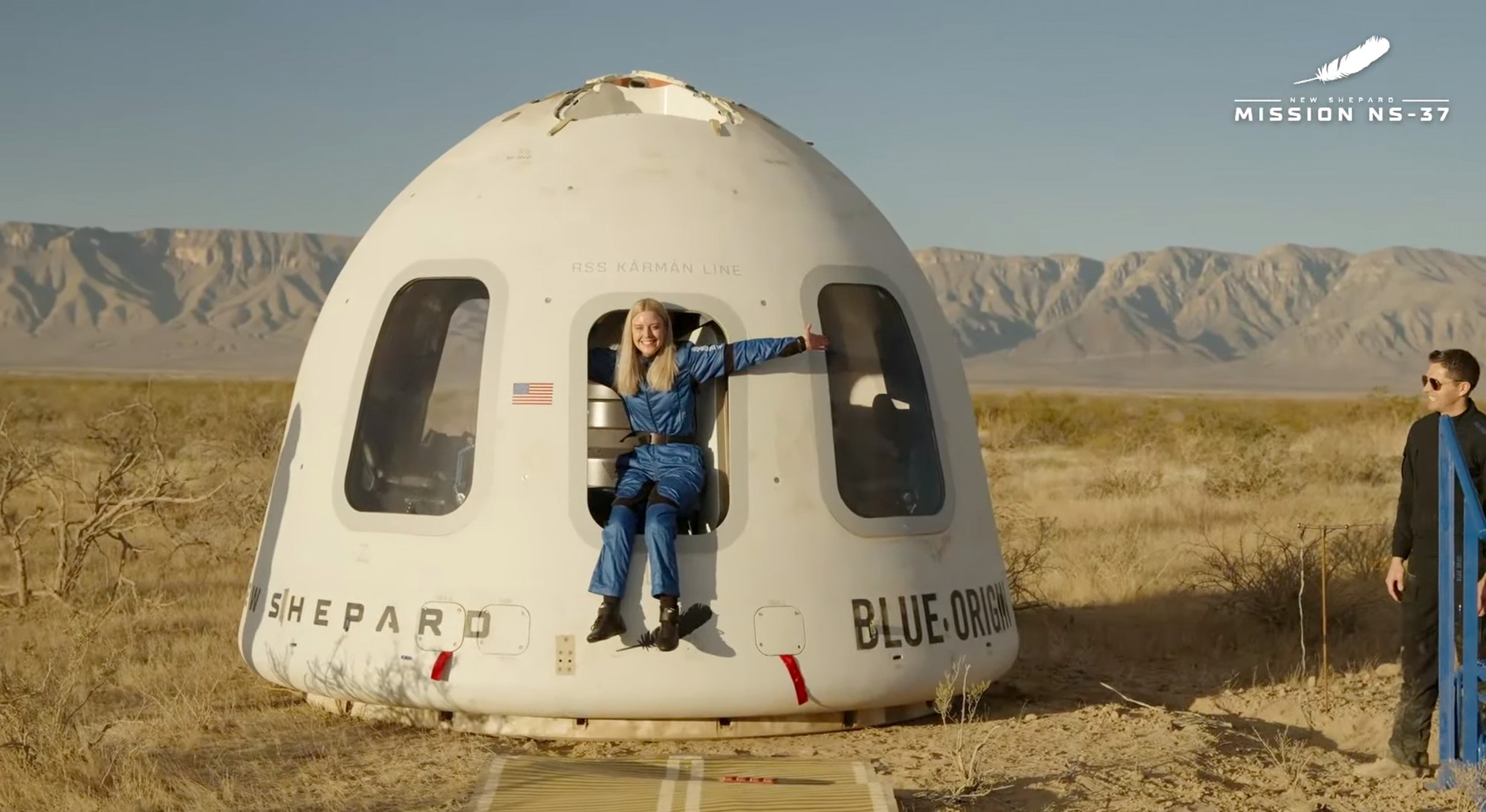 Michaela Benthaus po lete Blue Origin. 