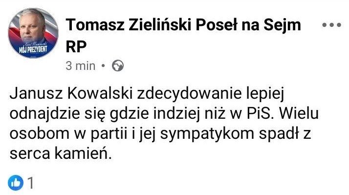 Usunięty wpis posła Tomasza Zielińskiego