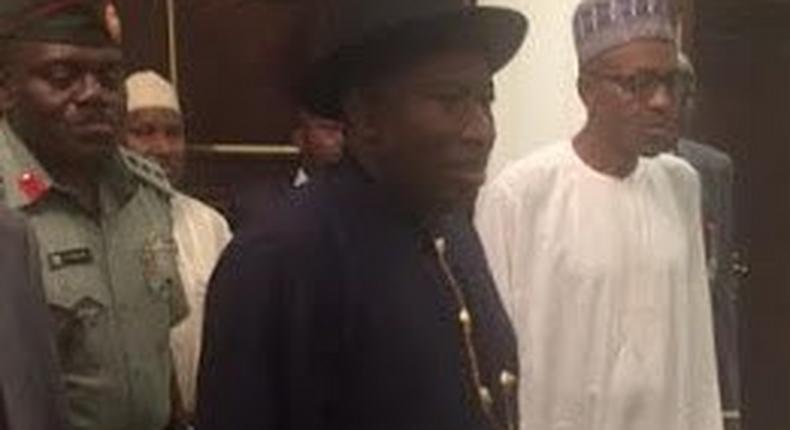 President Goodluck Jonathan takes President-elect, Muhammadu Buhari on tour of Aso Rock on May 28, 2015.