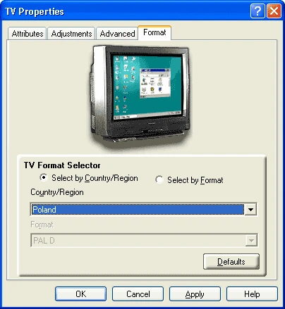 W zakładce Format wybieramy format sygnału - PAL lub NTSC. Jeśli nie wiemy, w jakim standardzie pracuje nasz telewizor (tyczy się to chyba tylko Amerykanów ;-)), możemy wybrać po prostu państwo. Program automatycznie ustawi format obowiązujący w tym państwie (PAL D dla Polski)