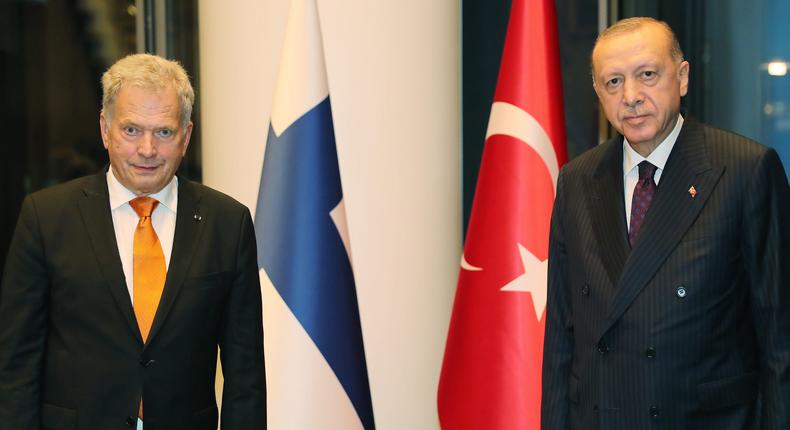 Turkish President Recep Tayyip Erdogan (R) meets President of Finland Sauli Niinisto (L) in New York, United States on September 21, 2021.