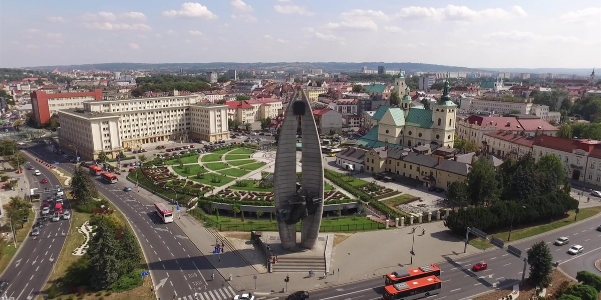 Rzeszow city centre of midday rush hour traffic taken in Poland on 22st August 2015