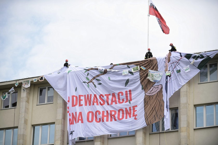 Warszawa: protest Greenpeace na gmachu MŚ ws. ochrony lasów