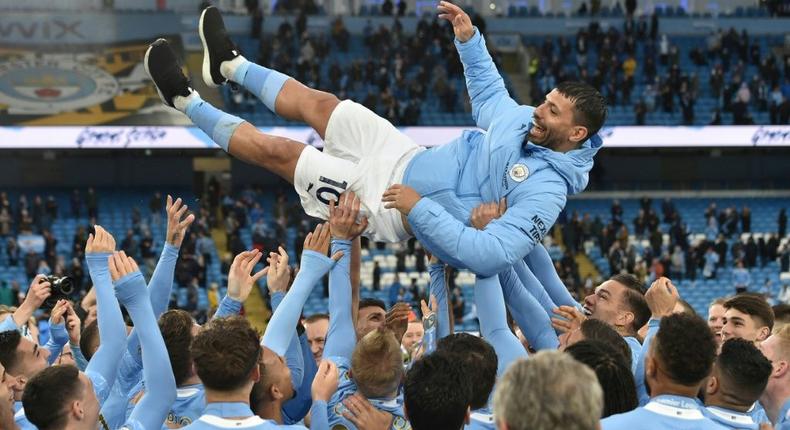 Sergio Aguero was given a rousing send-off by his Manchester City team-mates Creator: PETER POWELL