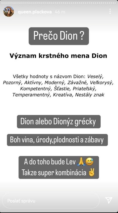 Plačková vybrala synovi netradičné meno.