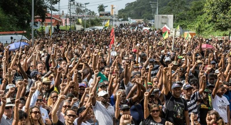 A protest at the Kourou space centre in French Guiana on Tuesday, part of a general strike that has paralysed the territory