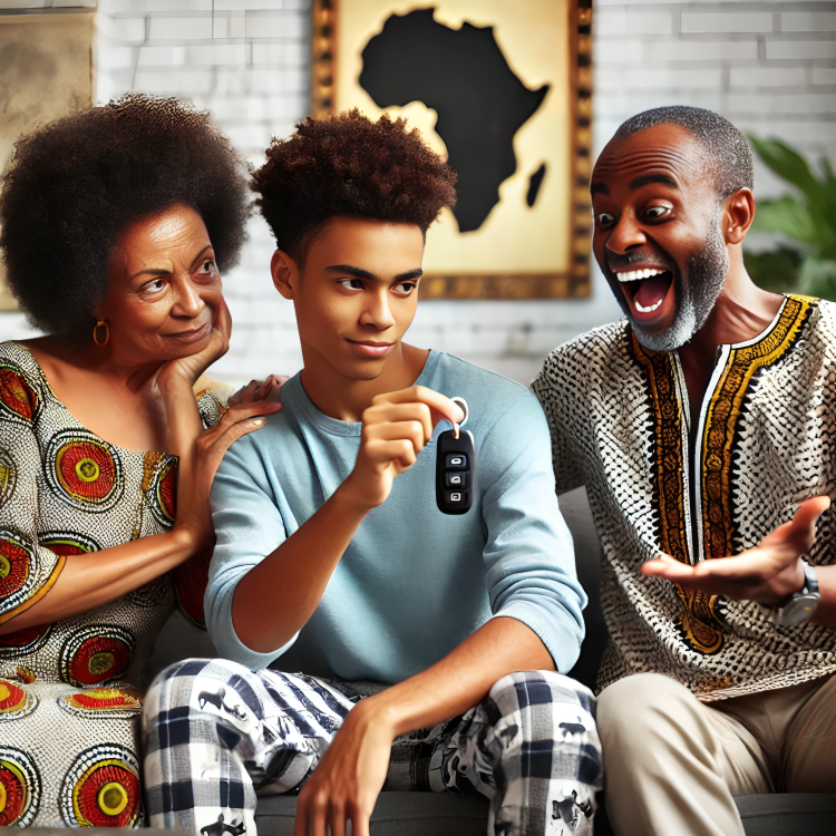 A scene in a living room with a jealous African mother and father observing their son, who is joyfully showing off a new car key The parents, both in