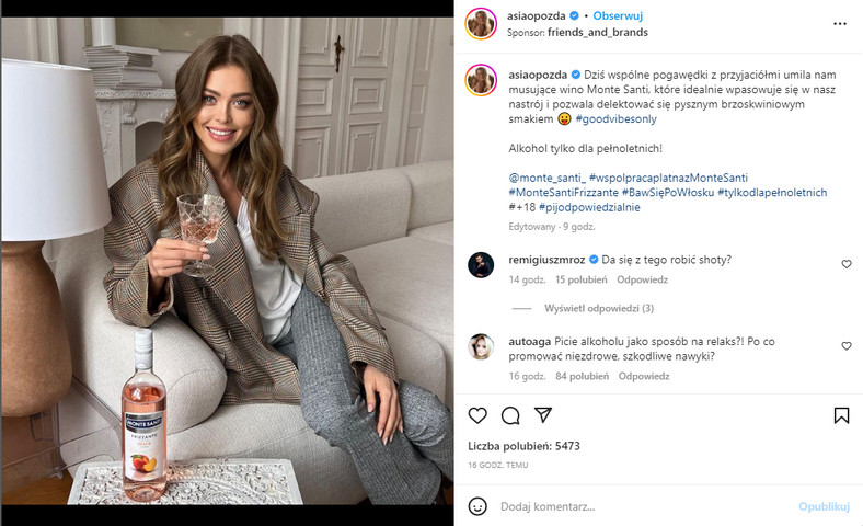 Joanna Opozda reklamuje alkohol na Instagramie