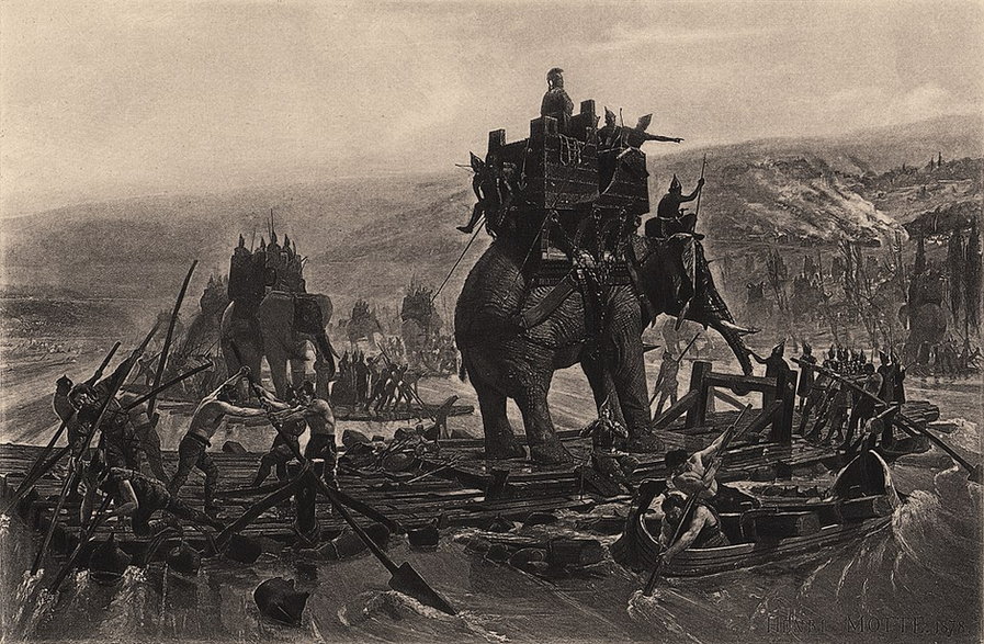 Przeprawianie słoni przez Rodan w drodze do Italii. Rycina XIX-wieczna