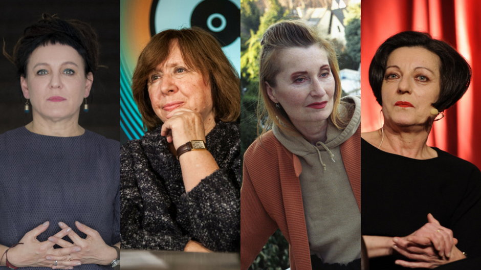 Olga Tokarczuk (fot. Leonardo Cendamo/Getty Images), Swietłana Aleksijewicz (fot. Jan GRACZYNSKI/East News), Elfriede Jelinek (fot. Sophie Bassouls/Corbis via Getty Images) i Herta Müller (fot. Galuschka/ullstein bild via Getty Images)