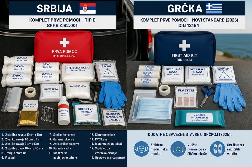 Osnovne razlike između kompleta prve pomoći između Srbije i Grčke