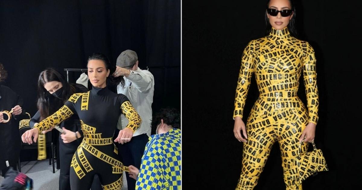 Kim Kardashian Wears Balenciaga Caution-Tape Look