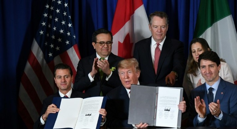 Mexico's outgoing president Enrique Pena Nieto (L), US President Donald Trump (C) and Canadian Prime Minister Justin Trudeau signed a new free trade agreement in Buenos Aires on November 30, 2018 -- now the US Congress needs to approve it