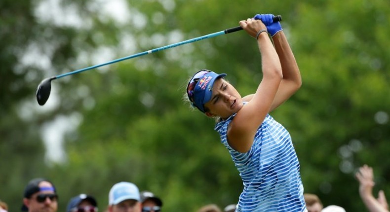 Lexi Thompson hits her tee shot on the third hole during the final round of the Kingsmill Championship on May 21, 2017