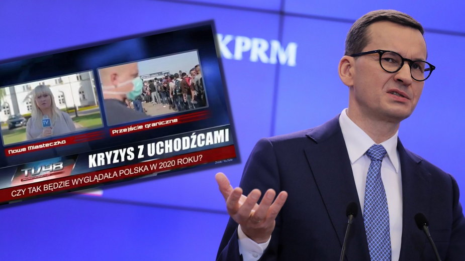 Premier Mateusz Morawiecki podczas konferencji prasowej.