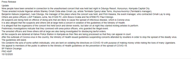 Ugandan Police statement when they arrested  Omah Lay and Tems. [Facebook/UgandanPolice]