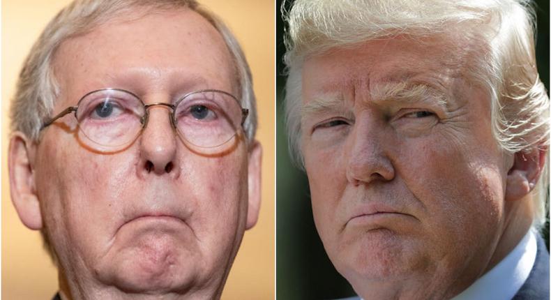 A side-by-side image of Senate Minority Leader Mitch McConnell and former president Donald Trump.