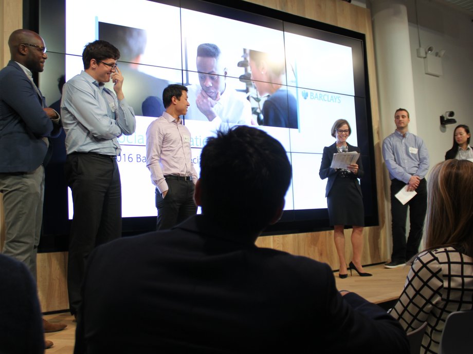 Barclays' global head of loan capital markets, Claire O'Connor, speaks to associates after their two-minute pitches.