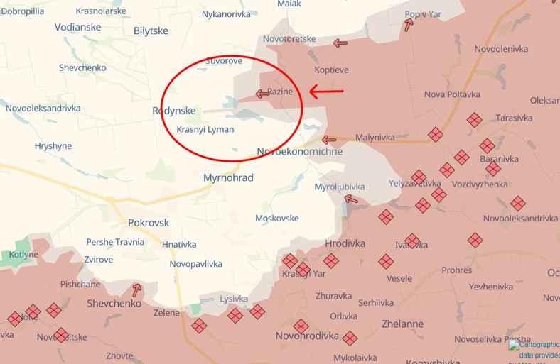 Okolice Pokrowska -zaznaczono obszar w którym przełamano ukraińskie pozycje.