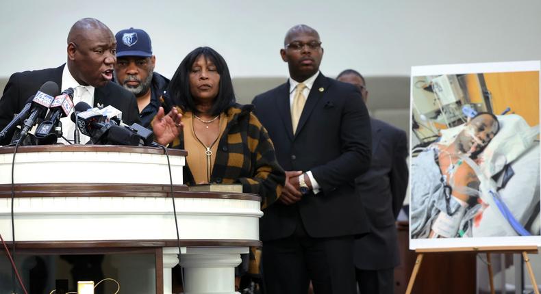 Flanked by the parents of Tyre Nichols and faith and community leaders, civil rights attorney Ben Crump speaks next to a photo of Nichols during a press conference on January 27, 2023 in Memphis, Tennessee.Scott Olson/Getty Images