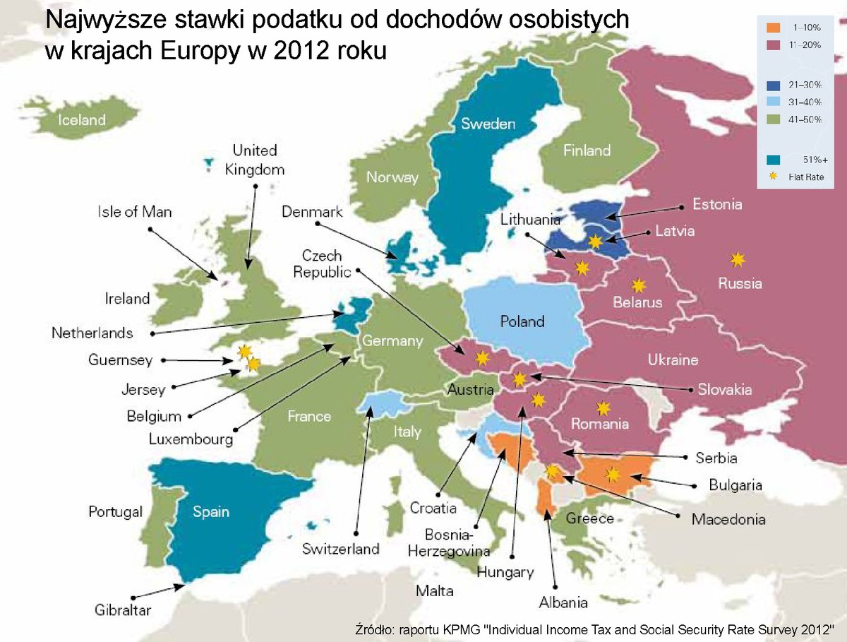 Najwyższe stawki podatku od dochodów osobistych w krajach Europy w 2012 roku