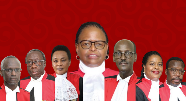 Kenya's Supreme Court judges (L-R): Justice Isaac Lenaola, Justice William Ouko, Deputy Chief Justice Philomena Mwilu, Chief Justice Martha Koome, Justice Mohamed Ibrahim, Justice Njoki Ndung'u and Justice Smokin Wanjala