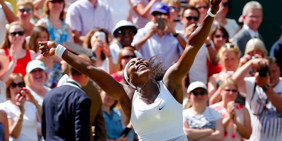 Serena Williams after winning her Women's Final match against Garbine Muguruza of Spain at the Wimbledon Tennis Championships in London in 2015.