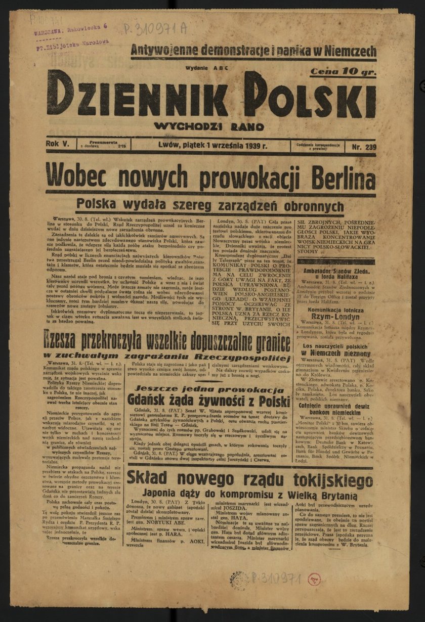 Nagłówki gazet z 1 września 1939 roku.